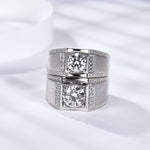 S925 Sterling Silver Men's Wide Band Moissanite Ring, 1&2ct D-VVS1 Brushed Finish With Pave Accents, Platinum Plated US Sizes 5-9, GRA Certificate Gift Box