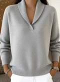 Fashionable Solid-color V-neck Long-sleeve Loose-fit Pullover