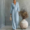 Fitted-waist V-neck Long-sleeve Womens Solid-color Jumpsuit