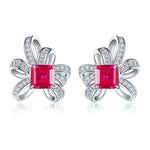 S925 Sterling Silver Bowknot Stud Earrings, 6x6mm Lab-Grown Ruby&Emerald With Mixed Pave Ribbon, Platinum Plated 3.2g Women's Jewelry Gift Box
