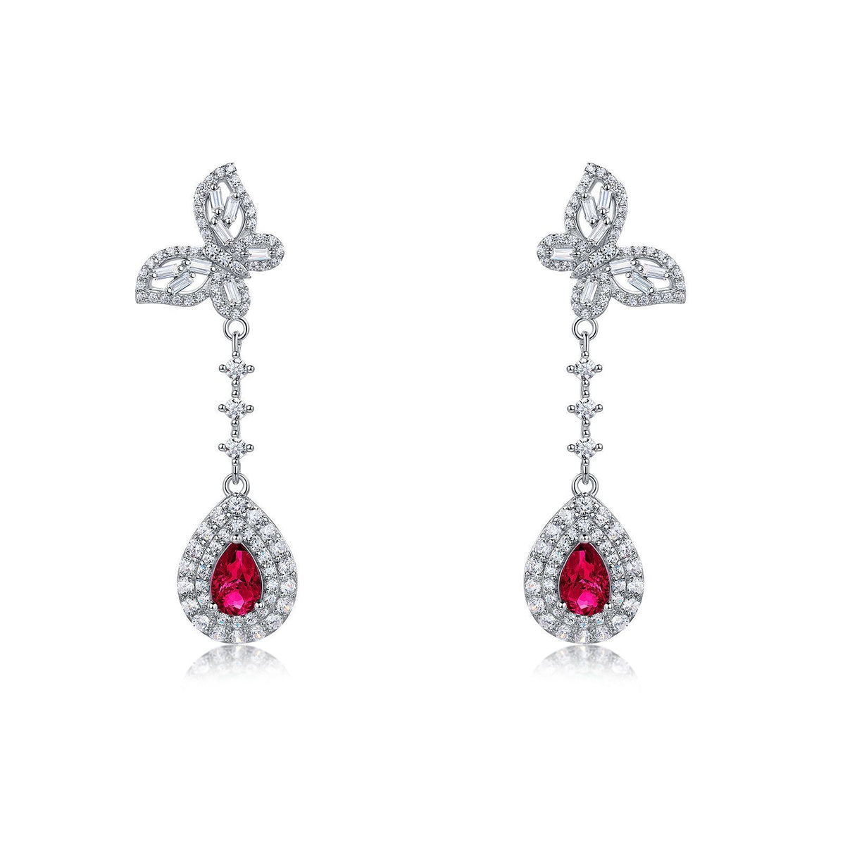 S925 Sterling Silver Bowknot Dangle Earrings, 6x4mm Pear Lab-Grown Ruby Sapphire Emerald, Platinum Plated 4.5g Women's Jewelry Gift Box