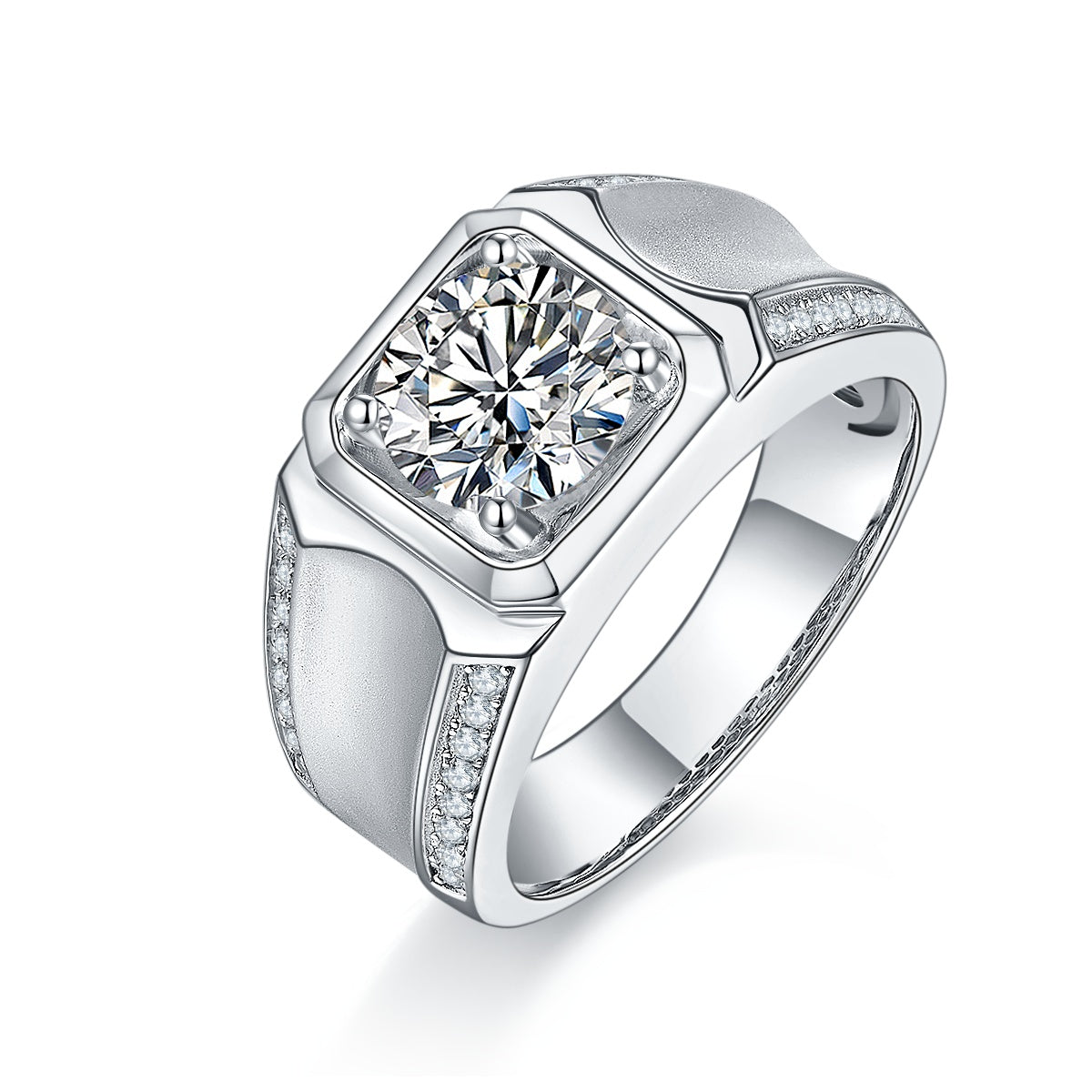 S925 Sterling Silver 2ct Moissanite Men's Ring, D-VVS1 Octagon Bezel, Matte Pave Band, US Sizes 5-9, GRA Certificate Gift Box