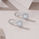 S925 Sterling Silver Halo Drop Earrings, 1ct D-VVS1 Moissanite, Lever Back Dangle With Pave Detail, Platinum Plated 3.3g, GRA Certificate Gift Box