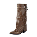 Rivet Chunky Heel Belt Buckle Tall Boots Women