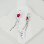 S925 Sterling Silver Bow Tassel Dangle Earrings, 8x6mm Lab-Grown Ruby & Emerald, Platinum Plated 8.1g Women's Luxury Jewelry Gift Box