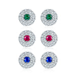 S925 Sterling Silver Cluster Stud Earrings, 3.5mm Lab-Grown Ruby Sapphire Emerald Halo, Platinum Plated 2.2g Women's Jewelry Gift Box