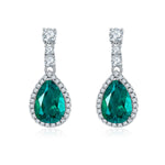 S925 Sterling Silver Teardrop Dangle Earrings, 7x11mm Lab-Grown Ruby Sapphire Emerald With Halo, Platinum Plated 3.2g Women's Jewelry Gift Box
