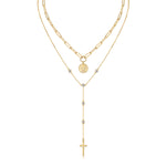 S925 Silver Gold Plated Layered Necklace, Paperclip Coin & Cross Y-Drop, 0.1ct D-VVS1 Moissanite, 14.4g Jewelry Gift Box