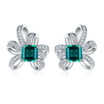 S925 Sterling Silver Bowknot Stud Earrings, 6x6mm Lab-Grown Ruby&Emerald With Mixed Pave Ribbon, Platinum Plated 3.2g Women's Jewelry Gift Box