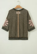 Mineral Water-washed Frayed Edge Pieced Flower Pattern Three-quarter Sleeve Loose Top