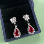 S925 Sterling Silver Teardrop Dangle Earrings, 7x11mm Lab-Grown Ruby Sapphire Emerald, Platinum Plated 4.5g Women's Jewelry Gift Box
