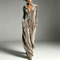Stand-collar Zip-up Deep-V Velvet Jumpsuit