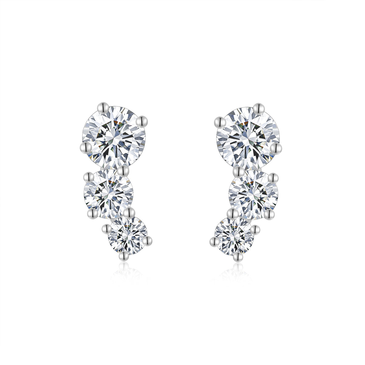 S925 Sterling Silver 3-Stone Graduated Stud Earrings, 1ct D-VVS1 Moissanite Journey Earrings, Platinum Plated 2.5g With GRA Certificate Gift Box