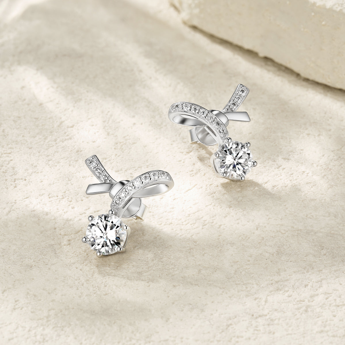 S925 Sterling Silver Bowknot Stud Earrings, 1ct D-VVS1 Moissanite, Pave Ribbon Design, Platinum Plated 3.5g, GRA Certified Jewelry Gift Box