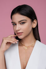 S925 Silver Gold Plated Layered Necklace, Paperclip Coin & Cross Y-Drop, 0.1ct D-VVS1 Moissanite, 14.4g Jewelry Gift Box