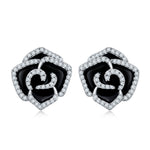 S925 Sterling Silver Black Enamel Rose Stud Earrings, D-VVS1 Moissanite Pave Outline, Platinum Plated 5.2g Elegant Women's Gift Box