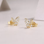 S925 Sterling Silver Gold Plated Butterfly Stud Earrings, D-VVS1 Moissanite Pave, 1.7g Women Jewelry Gift Box
