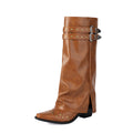 Rivet Chunky Heel Belt Buckle Tall Boots Women