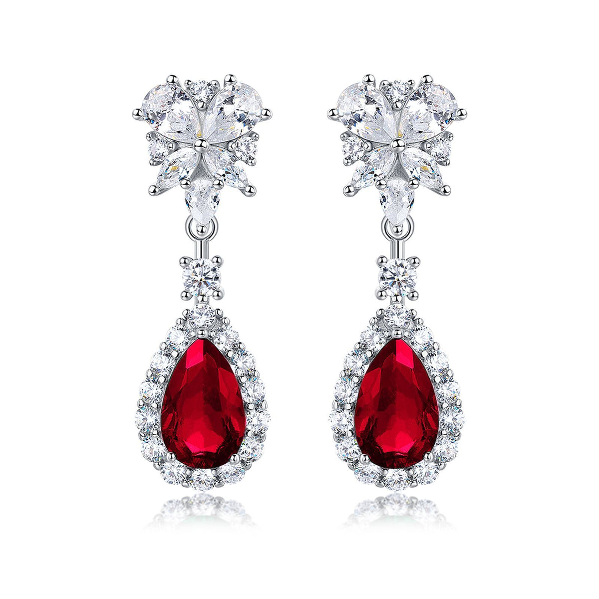 S925 Sterling Silver Teardrop Dangle Earrings, 7x11mm Lab-Grown Ruby Sapphire Emerald, Platinum Plated 4.5g Women's Jewelry Gift Box