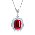S925 Sterling Silver 10x12mm Lab-Grown Ruby Sapphire Emerald Halo Pendant Necklace, Platinum Plated 40&45cm Chain, 5.5g Women's Jewelry Gift Box