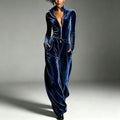 Stand-collar Zip-up Deep-V Velvet Jumpsuit