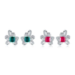 S925 Sterling Silver Bowknot Stud Earrings, 6x6mm Lab-Grown Ruby&Emerald With Mixed Pave Ribbon, Platinum Plated 3.2g Women's Jewelry Gift Box