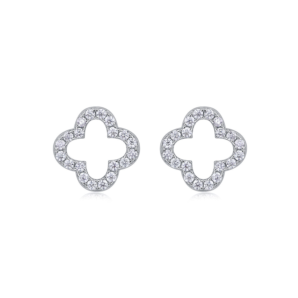 S925 Sterling Silver Open Clover Stud Earrings, D-VVS1 Moissanite Pave Outline, Platinum Plated 1.6g Women's Jewelry Gift Box