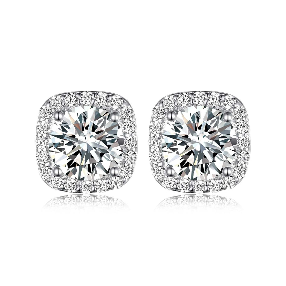 S925 Sterling Silver Cushion Halo Stud Earrings, 7mm D-VVS1 Moissanite, Platinum Plated 2.6g Women's Jewelry Gift Box