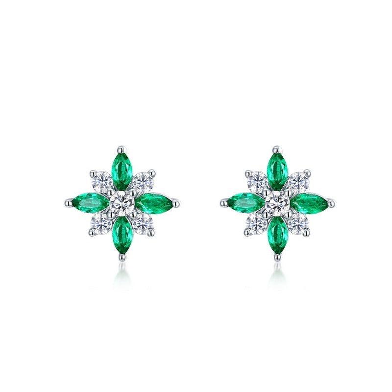 S925 Sterling Silver Lab-Grown Emerald Flower Stud Earrings, 4x2mm Marquise Cluster, Platinum Plated 1.4g, Women's Jewelry Gift Box