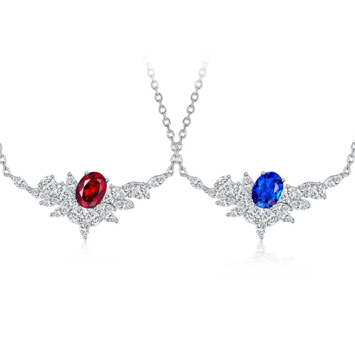 S925 Sterling Silver Lab-Grown Ruby Sapphire Necklace, 8x6mm Oval With Marquise Cluster, Platinum Plated 40&45cm Chain, 5g, Gift Box