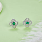 S925 Sterling Silver Clover Stud Earrings, 3.5mm Lab-Grown Emerald, Platinum Plated 2g Lightweight Women's Jewelry Gift Box
