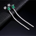 S925 Sterling Silver Lab-Grown Emerald Drop Earrings, 7x5mm Square Cut With Pave Chain, Platinum Plated 4.2g Women's Jewelry Gift Box