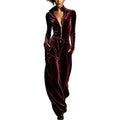 Stand-collar Zip-up Deep-V Velvet Jumpsuit