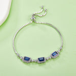 S925 Sterling Silver Adjustable Bolo Bracelet, 6x4mm 3-Stone Lab-Grown Emerald Sapphire Halo, 21cm Platinum Plated 6.2g Women's Jewelry Gift Box