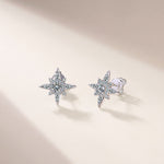 S925 Sterling Silver Star Stud Earrings, D-VVS1 Moissanite 4-Point Star Design, Platinum Plated 2.3g Elegant Jewelry Gift Box