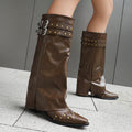 Rivet Chunky Heel Belt Buckle Tall Boots Women