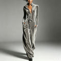 Stand-collar Zip-up Deep-V Velvet Jumpsuit