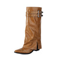 Rivet Chunky Heel Belt Buckle Tall Boots Women