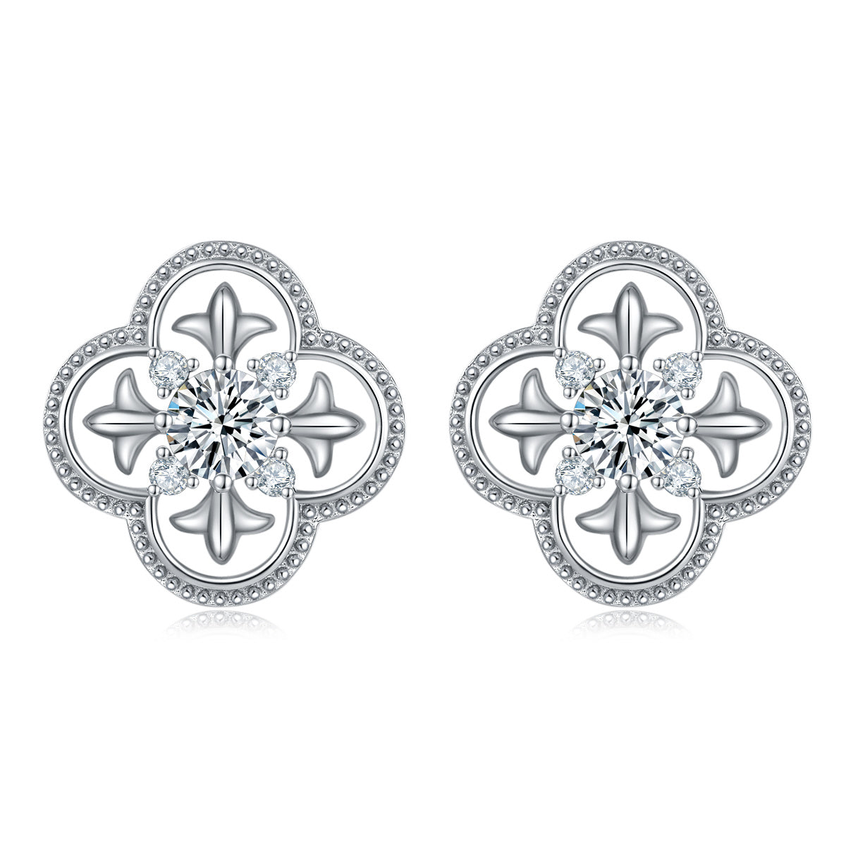 S925 Sterling Silver Clover Stud Earrings, 0.5ct D-VVS1 Moissanite, Platinum Plated Beaded Edge, 2.7g Women's Jewelry Gift Box