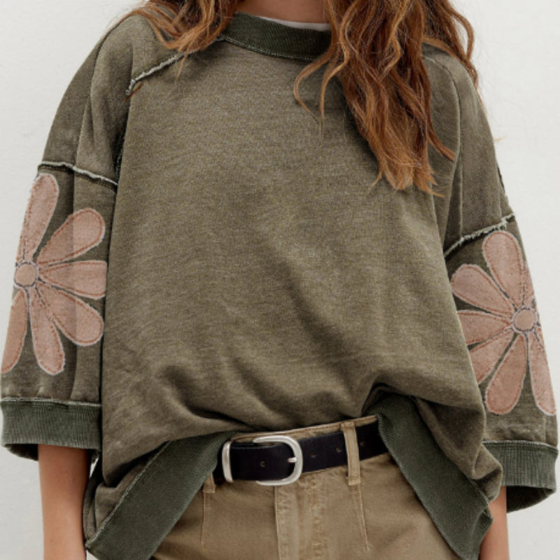 Mineral Water-washed Frayed Edge Pieced Flower Pattern Three-quarter Sleeve Loose Top