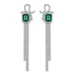 S925 Sterling Silver Bow Tassel Dangle Earrings, 8x6mm Lab-Grown Ruby & Emerald, Platinum Plated 8.1g Women's Luxury Jewelry Gift Box