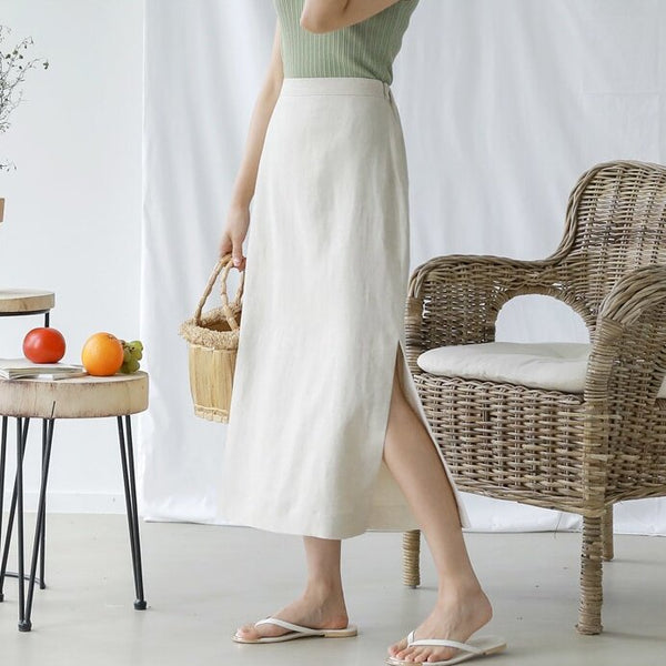 Womens Linen Straight Skirt With Side Slits