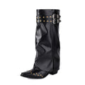 Rivet Chunky Heel Belt Buckle Tall Boots Women