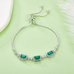 S925 Sterling Silver Adjustable Bolo Bracelet, 6x4mm 3-Stone Lab-Grown Emerald Sapphire Halo, 21cm Platinum Plated 6.2g Women's Jewelry Gift Box