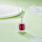 S925 Sterling Silver 10x12mm Lab-Grown Ruby Sapphire Emerald Halo Pendant Necklace, Platinum Plated 40&45cm Chain, 5.5g Women's Jewelry Gift Box