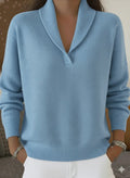 Fashionable Solid-color V-neck Long-sleeve Loose-fit Pullover