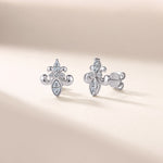 S925 Sterling Silver Fleur-de-lis Stud Earrings, D-VVS1 Moissanite Marquise Cut, Platinum Plated 1.8g, Elegant Women's Jewelry Gift Box