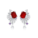 S925 Sterling Silver Art Deco Fan Drop Earrings, 8x6mm Lab-Grown Ruby Emerald Paraiba & Blue Diamond, Platinum Plated 5g Women's Fine Jewelry Gift Box