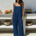 Womens Backless Drawstring Loose Strap Wide-leg Jumpsuit