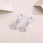 S925 Sterling Silver Clover Drop Earrings, D-VVS1 Moissanite Huggie Dangle, Platinum Plated 3.8g Women's Jewelry Gift Box